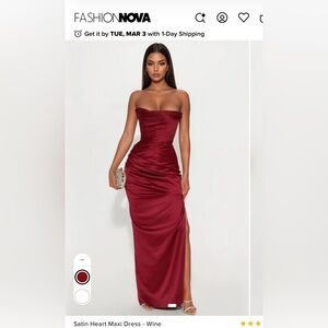 Fashion Nova Satin Heart Maxi Dress- Strapless Wine Dress size Small
